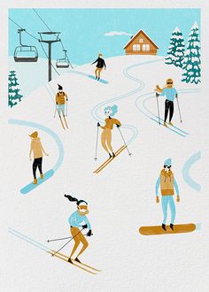 people skiing and snowboarding on a snowy hill