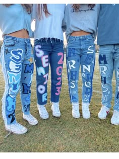 Sophomore Hoco Jeans, Senior Shoes Painted, Senior Jean Painting Ideas, Senior Pants 2024, Painted Jeans For School Spirit, Senior Diy Pants, Senior Denim Jeans, Senior Jeans 2024, Senior Pants Ideas 2024