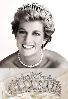 a black and white photo of a woman wearing a tiara with pearls on it