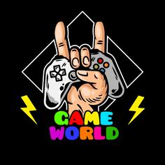 a hand holding a video game controller with the word game world on it and lightning