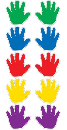 four different colored hand prints on white background