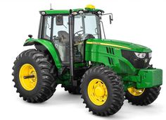 a green tractor with yellow wheels on a white background