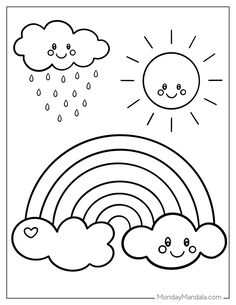 a coloring page with clouds, sun and rainbows in the sky for kids to color