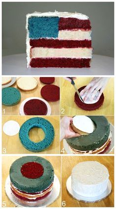 the steps to make a cake with red, white and green frosting