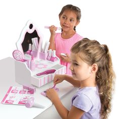 Melissa & Doug Vanity Play Set | Kohls Toddler Makeup, Girls Vanity, Mirrored Vanity, Vanity With Mirror, Pink Vanity, Spray Hair, Nail Polish Bottles, Top Makeup Products, Makeup Salon