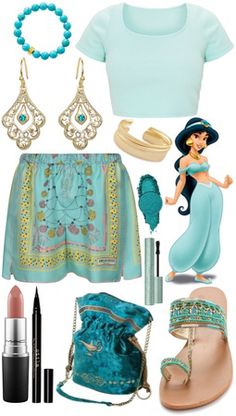 a woman in blue outfit and accessories including shoes, necklaces, bracelets and purse