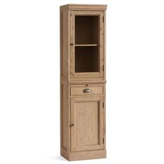 a tall wooden cabinet with glass doors on the front and bottom shelves, in light wood