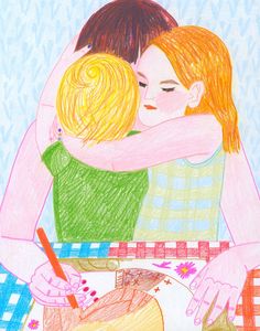 a drawing of two people hugging each other