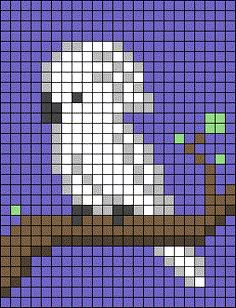 a pixellated image of a white bird on a tree branch with purple and blue background