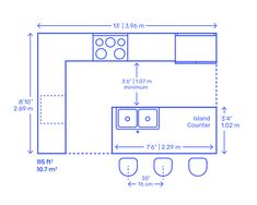 a drawing of a kitchen with an island countertop and sink, measurements for the width