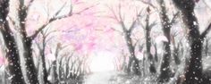 a painting of trees with pink flowers on them and snow falling off the ground in front of them