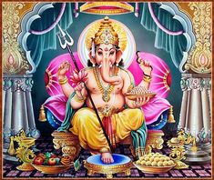 an image of the god ganesha sitting in front of some food and utensils