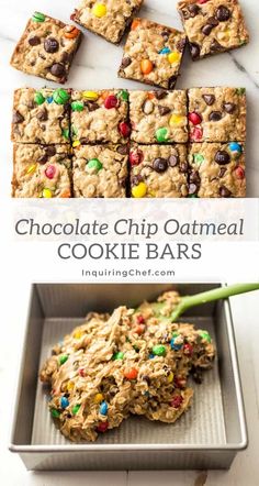 chocolate chip oatmeal cookie bars on a baking sheet and in a pan