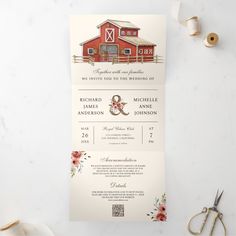 the wedding stationery is on display next to some scissors