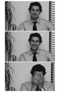 four different pictures of a man smiling and covering his face with his hands while sitting in front of a potted plant