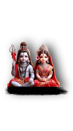 two statues of lord and goddess siting on the ground with their arms crossed, facing each other