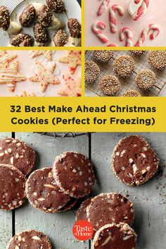 some cookies that have been made and are on a table with the words 32 best make - ahead christmas cookies perfect for freezing