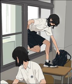 an anime scene with two people sitting on the floor and one person standing in front of a window