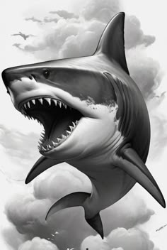 a drawing of a shark with it's mouth open and teeth wide open in the air