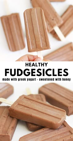 chocolate fudgesices with text overlay that reads healthy greek yogurt fudgesices