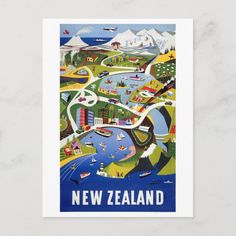 a postcard with the words new zealand on it and an image of a river