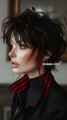 Black Hair With Red, Hair With Red Highlights, Black Hair With Red Highlights, Edgy Vibes, Black Red Hair, Short Black Hair, Long Hair Tips, Red Highlights, Edgy Short Hair