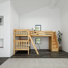 a loft bed with wooden stairs in a white room next to a desk and bookshelf