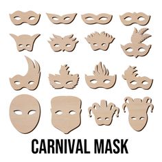 various wooden masks with the words carnival mask written in black and white on top of them