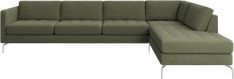 a green sectional sofa with a footstool on the bottom and one end facing it