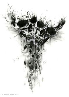 black and white drawing of two skulls with dripping paint