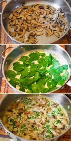 three pictures showing different stages of cooking mushrooms and spinach