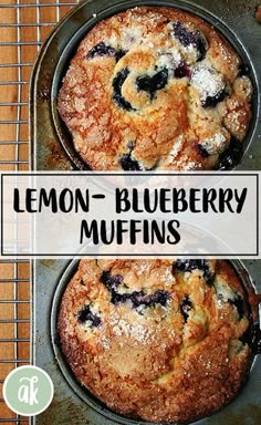 two blueberry muffins sitting on top of a cooling rack next to each other