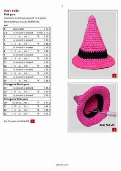 a pink crocheted hat with black trims on the top and bottom, measurements for