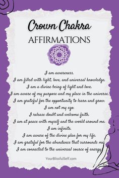 a poem written in purple with the words crown chakra affirmations on it