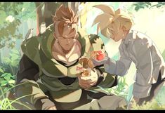 two anime characters sitting in the woods eating food