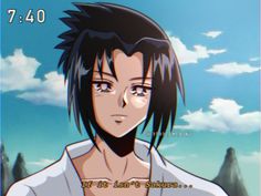 an anime character with black hair and blue eyes looking at the camera while standing in front of mountains