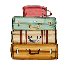 three suitcases stacked on top of each other in different colors and sizes with handles