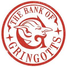 the logo for the bank of gringotts is shown in red and white