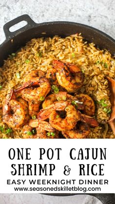 one pot cajun shrimp and rice recipe in a cast iron skillet with text overlay