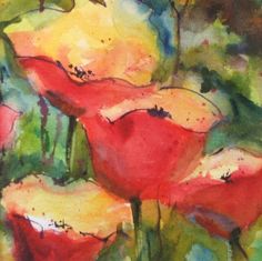 watercolor painting of red flowers and green leaves