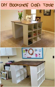 two pictures side by side with the words diy bookshelf craft table