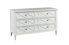 a white dresser with drawers and knobs on the bottom, in front of a white background