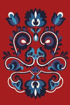 a red background with blue and white designs on the bottom right corner is an ornate design