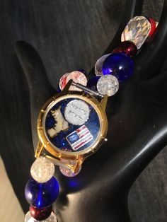 "This beautiful red, white, and blue  elastic watch bracelet is the perfect gift for the Marine Corps mom in your life!  Let her know that you appreciate her sacrifice with this beautiful piece that she can wear with pride all year round to show her support for her baby who is so far away!   The first piece is 7 3/4 inches long which is fairly standard for an adult size bracelet. The second piece is 8\" long which is slightly longer than the standard length. Both can easily be lengthened or shorten If you wish. The bracelets are elastic for easy on and off.  Combined shipping available" Marine Corps Mom, Jewelry For Moms, Usmc Mom, Watch Bracelets, Watch Bracelet, The Marine, Mom Jewelry, Marine Corps, Red White And Blue