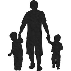 the silhouette of a man holding hands with two children in front of him, while standing next to each other