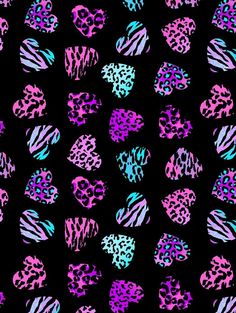 an animal print pattern is shown in purple, blue and pink on a black background