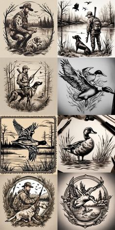 several different images of ducks and people in the water, with birds flying around them