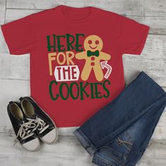 "Kids Christmas T Shirt Here For Cookies Xmas Shirts Cute Graphic Tee Cookie Shirts Outfit Boy's Girl's Toddler This graphic tee is perfect for Christmas! Let everyone know you came for the cookies. Grab the matching cookie baking or tasting crew from our shop and you'll have a whole team! This adorable design is available on several styles so you can outfit the whole family in matching Christmas shirts. Get in the holiday spirit and start your baking early this year! It would not be Christmas w Kids Chrismtas Shirt, Kids Christmas Tee Shirts, Kids Christmas T Shirts, Shirts Outfit, Cookie Shirt, Christmas Shirts For Kids, Matching Christmas Shirts, Shirts Cute, Cute Graphic Tees