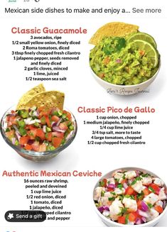 an image of mexican food that includes guacamole, salsa and tortilla chips