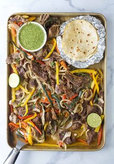 This sheet pan steak fajitas recipe is a 30-minute dinner perfect for busy weeknights. You'll be hooked, each bite is loaded with tender steak, bell peppers, poblanos, and onions then drizzled with chimichurri sauce for one delicious tex-mex meal! Sheet Pan Steak Fajitas, Homemade Fajitas, Beef Fajita Recipe, Sheet Pan Steak, Flank Steak Fajitas, Good Steak Recipes, 30 Minute Meals Healthy, Slow Cooker Steak, Steak Fajita Recipe